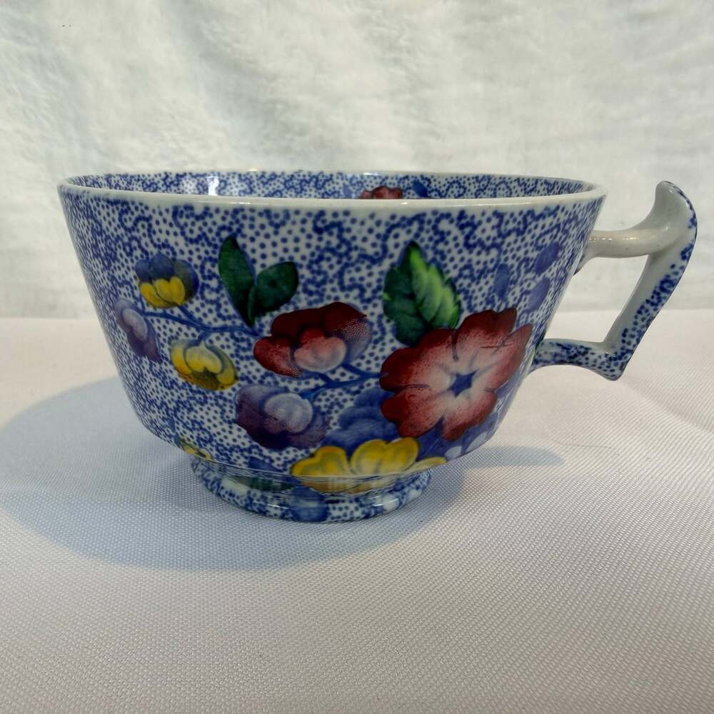 COPELAND SPODE WILD FLOWER FOOTED TEA CUP MULTICOLOR FLORAL ON BLUE *no Saucer